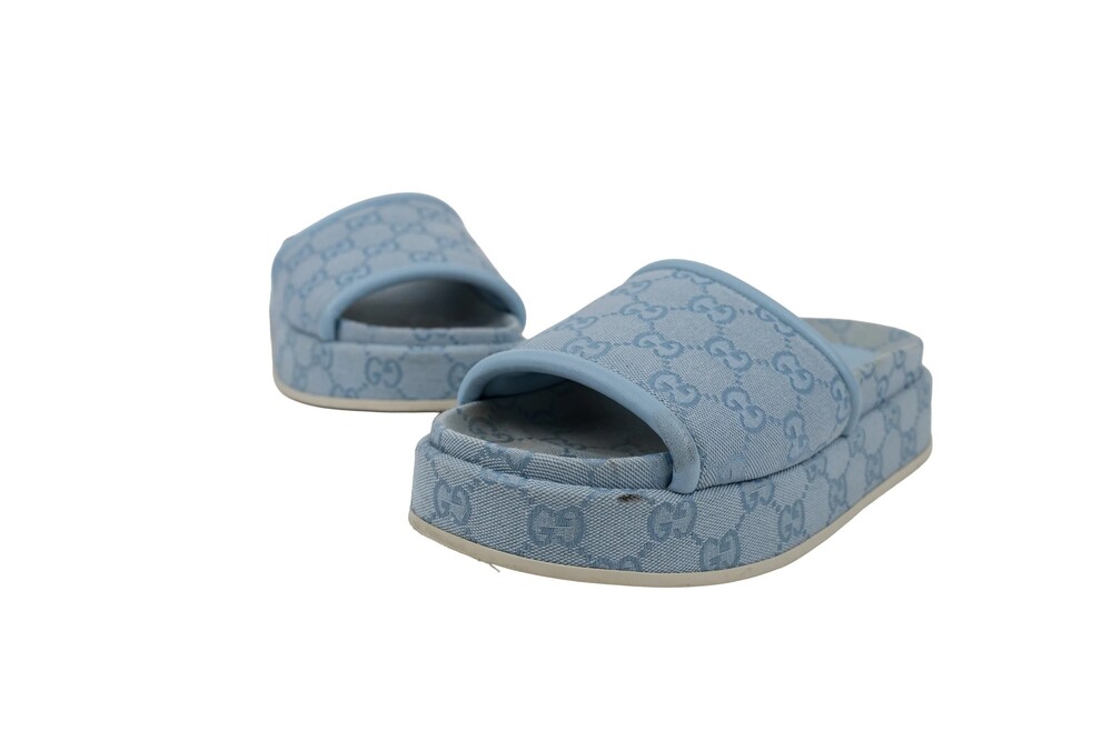 Gucci Blue White Platform Slides GG Canvas Size 38.5